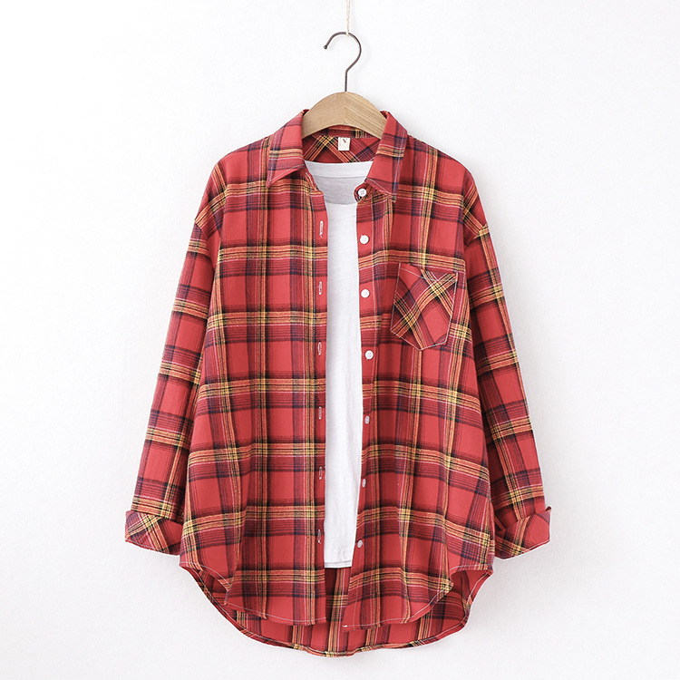 New Brand Plaid Shirt Women Loose Plus Size Blouse Female Long Sleeve Blouses Cotton Flann