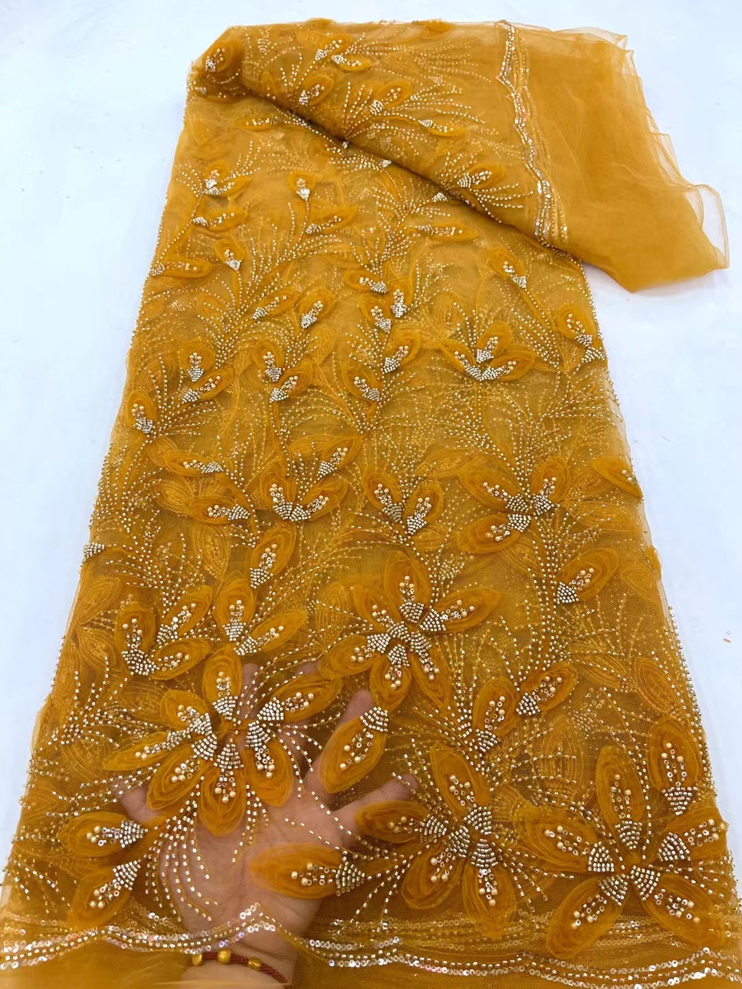 Floral Beaded Embroidered Tulle Lace Fabric by Five Yards