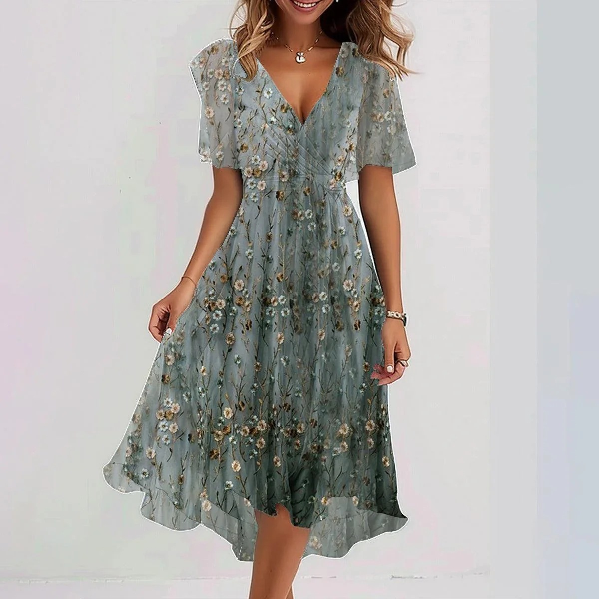 Women's V-Neck Wrap Front Short Sleeve Midi Dress