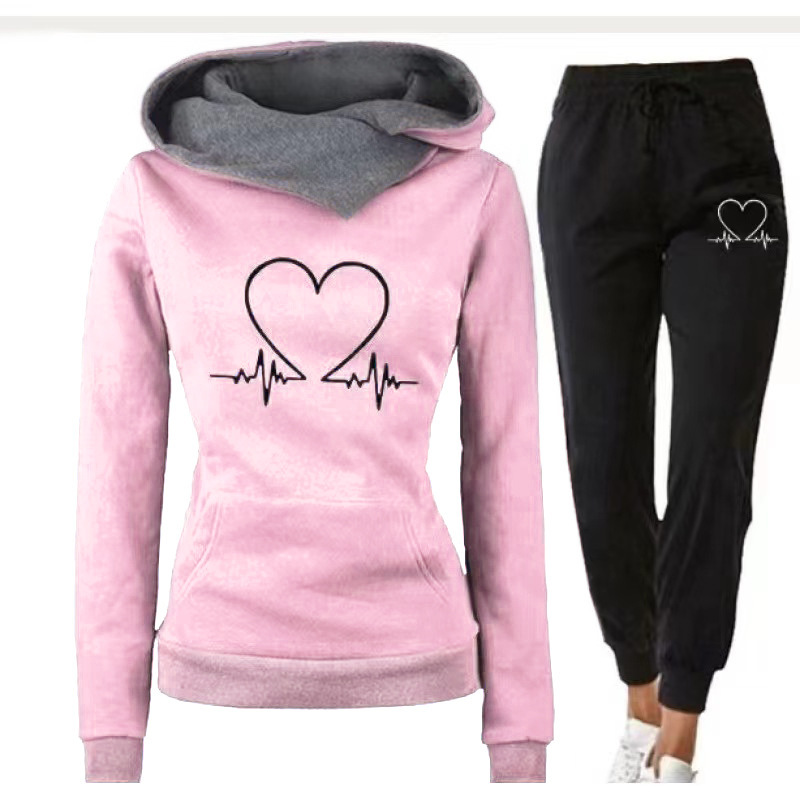 Women's Heartbeat Graphic Hooded Tracksuit Set with Joggers