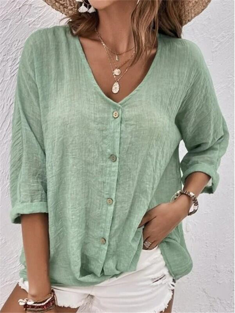 V-neck Long-sleeved T-shirt Fashion Solid Color Button Top Casual Loose Clothing For Women