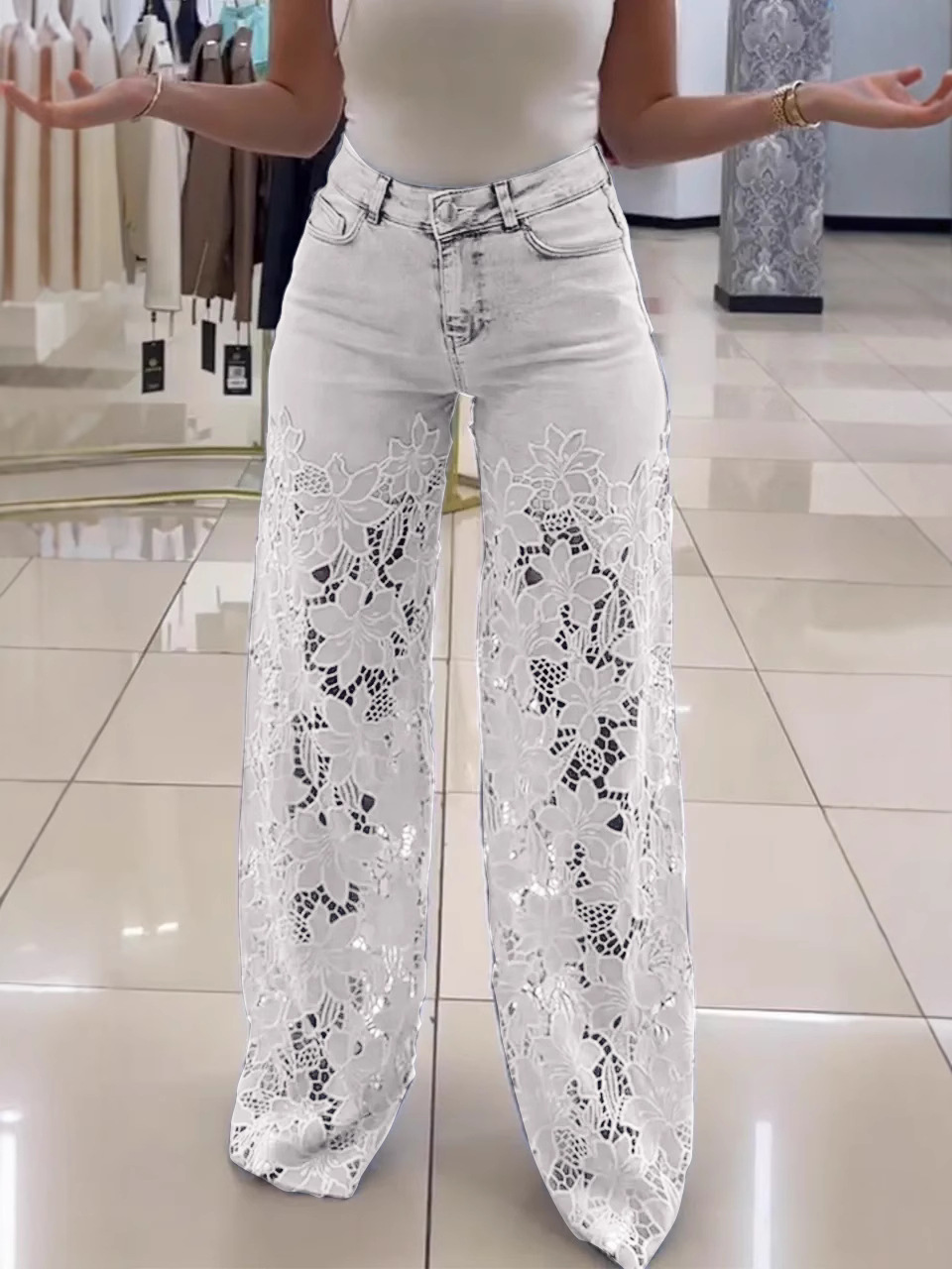 Women’s High-Waisted Wide-Leg Floral Lace Panel Jeans