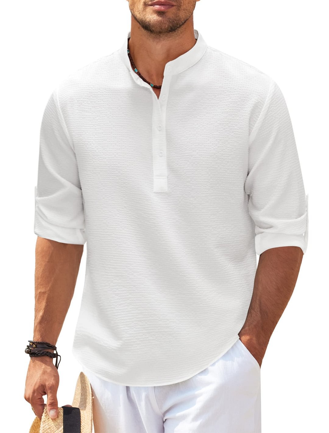 Men's Textured Stand Collar Long Sleeve Shirt