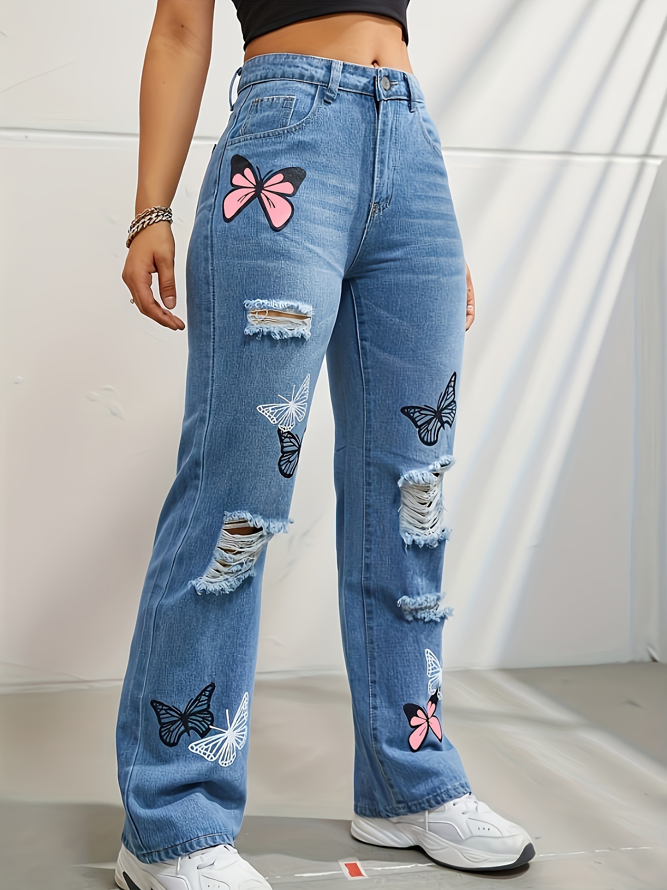 Women's High-Waisted Straight-Leg Butterfly Print Ripped Jeans
