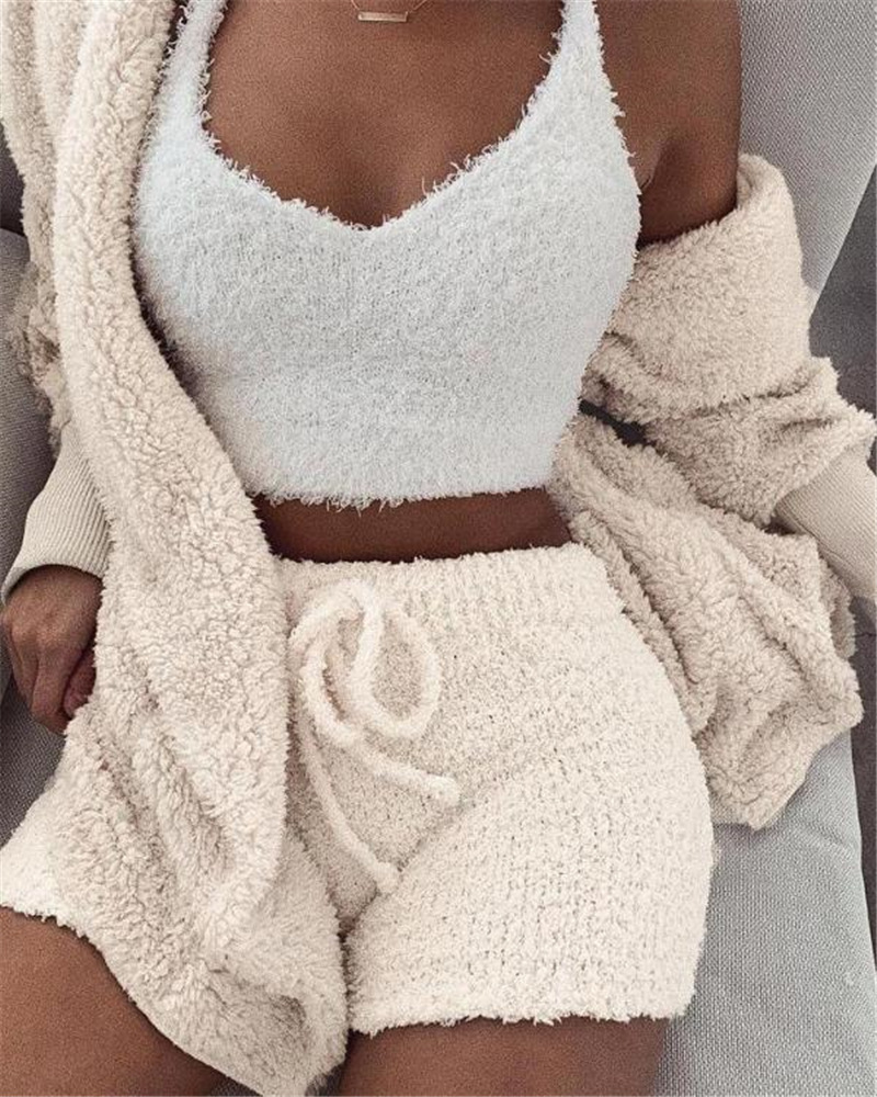Women’s Three-Piece Textured Crop Vest, Shorts and Cardigan Set