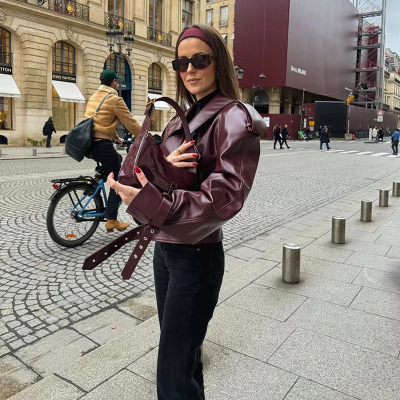 Women's Cropped PU Jacket with Wide Lapels and Statement Sleeves
