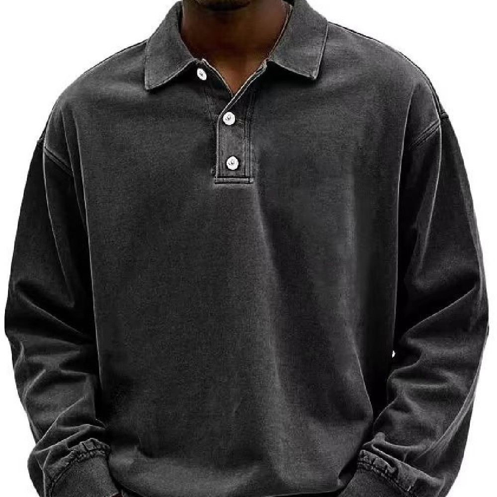 Men’s Long Sleeve Polo Shirt with Button Placket and Ribbed Cuffs