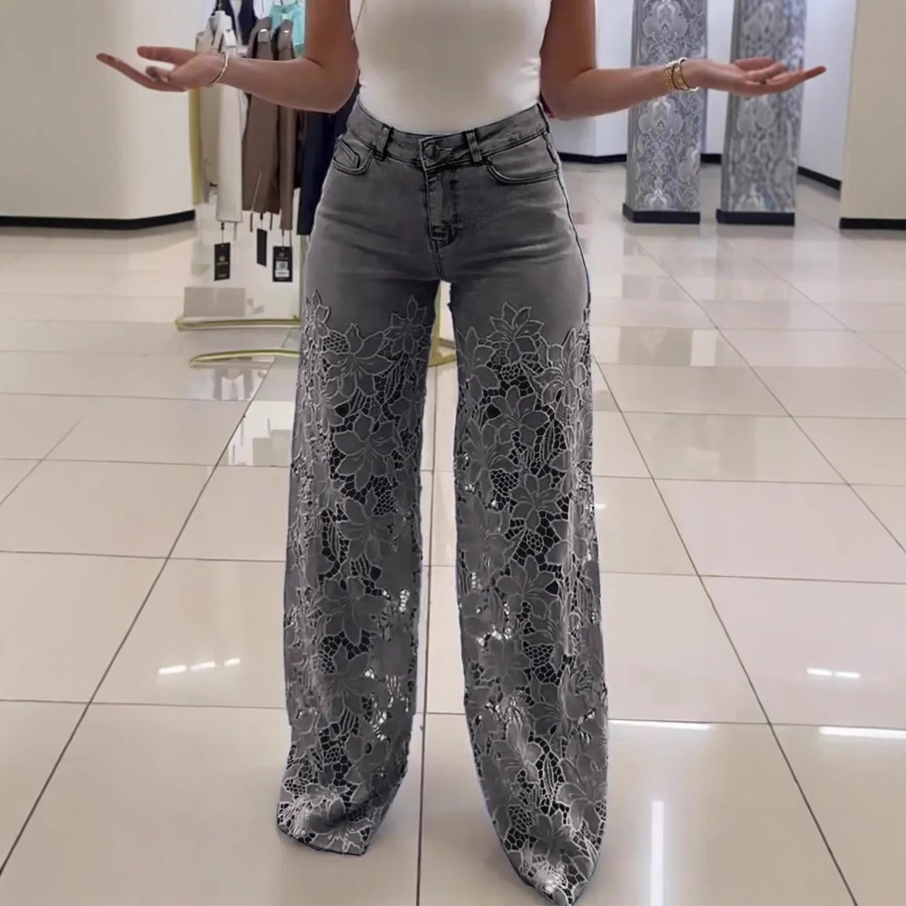 Women’s High-Waisted Wide-Leg Floral Lace Panel Jeans