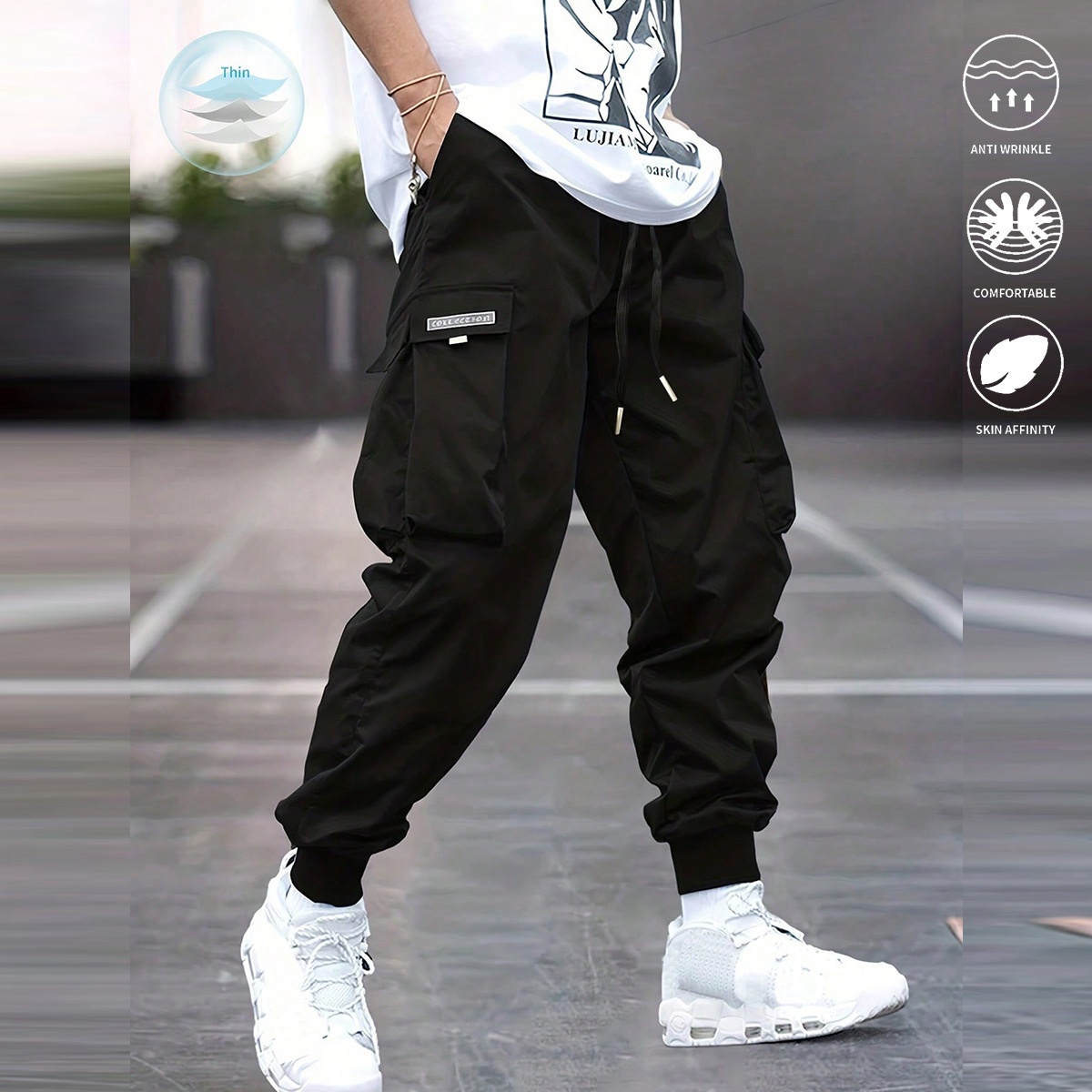 Men’s Loose Fit Cargo Trousers with Drawstring Waist and Cuffs