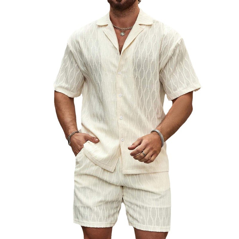 Men Tracksuits Summer Fashion Solid Loose Casual Two Pieces Lapel Button Shirt Shorts Beac