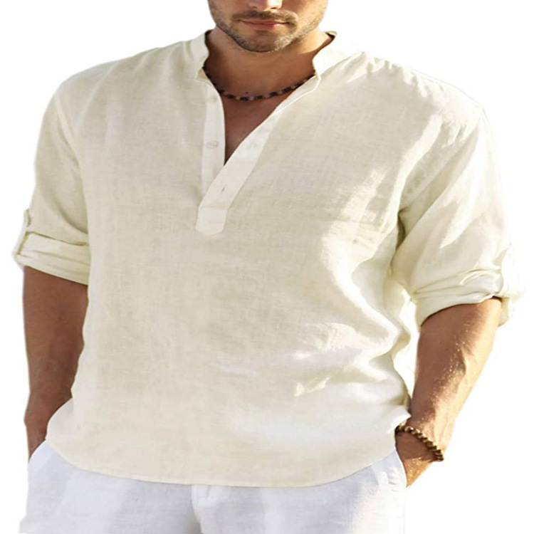 Men’s Stand Collar Roll-Sleeve Henley Shirt