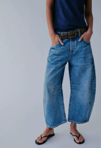 Women's Mid-Rise Washed Barrel-Leg Jeans with Knee Seam Detail