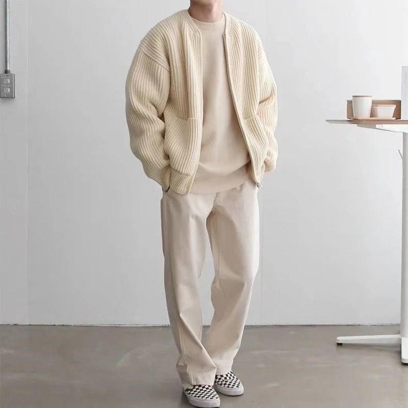 Men Zip Up Knitted Cardigan Lined Funnel Neck Jumper Sweater Pockets Coat All Seasons Comf