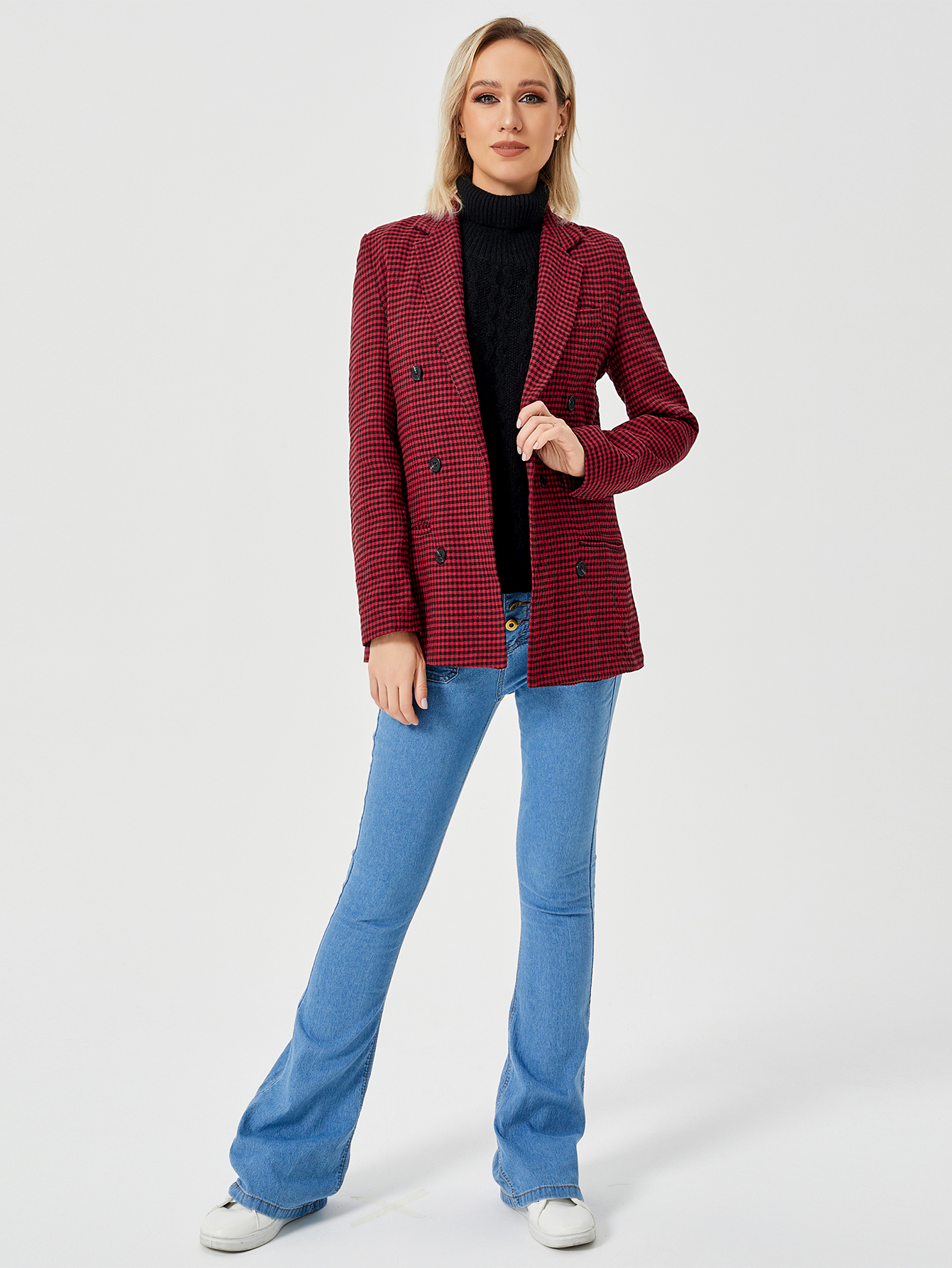 Women's Houndstooth Double-Breasted Lapel Blazer