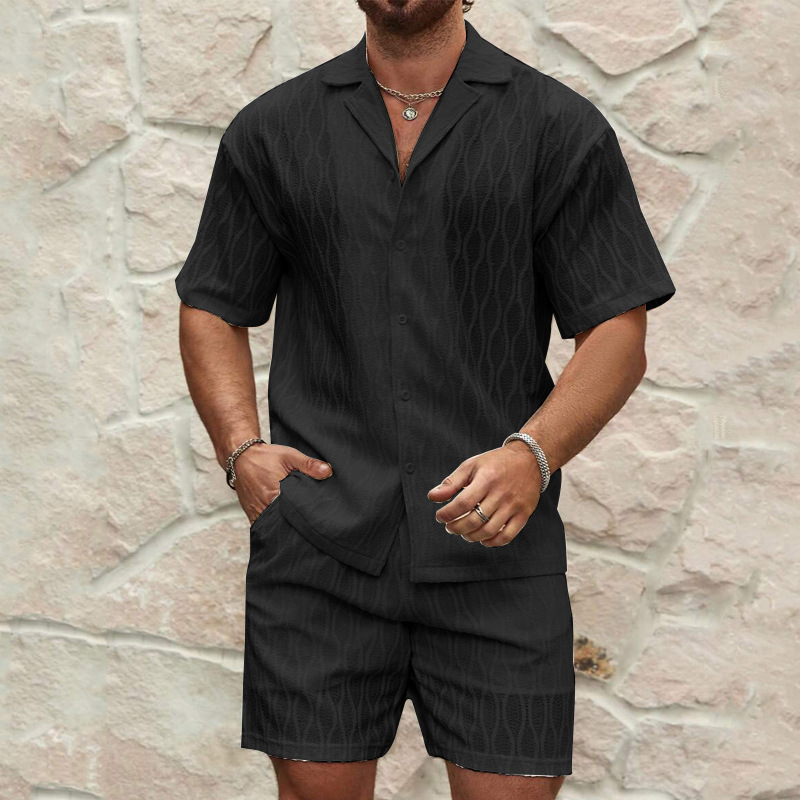 Men Tracksuits Summer Fashion Solid Loose Casual Two Pieces Lapel Button Shirt Shorts Beac