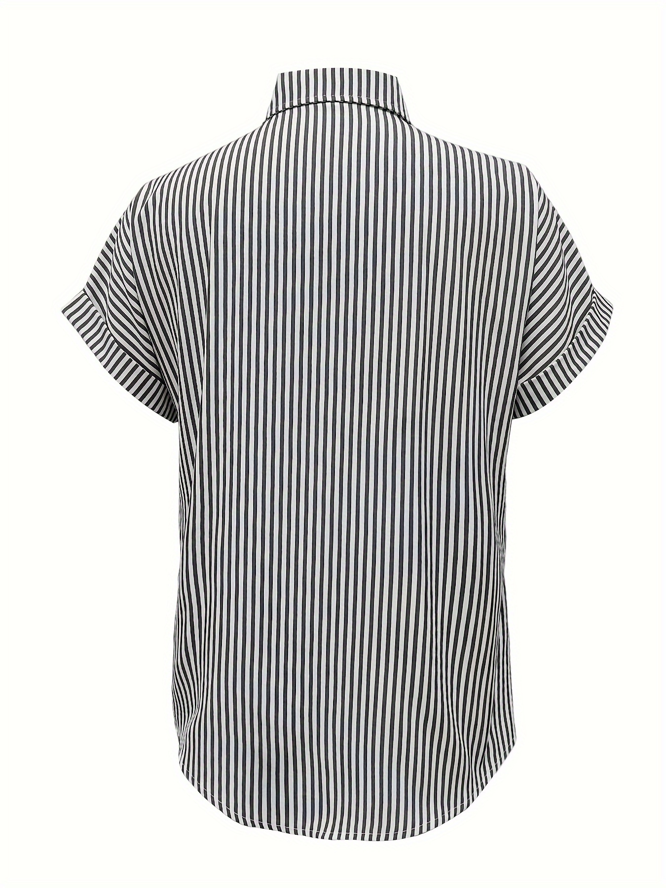 Elegant Plus Size Striped Blouse With Pocket - Casual Short Sleeve, Button-up Collared Shi