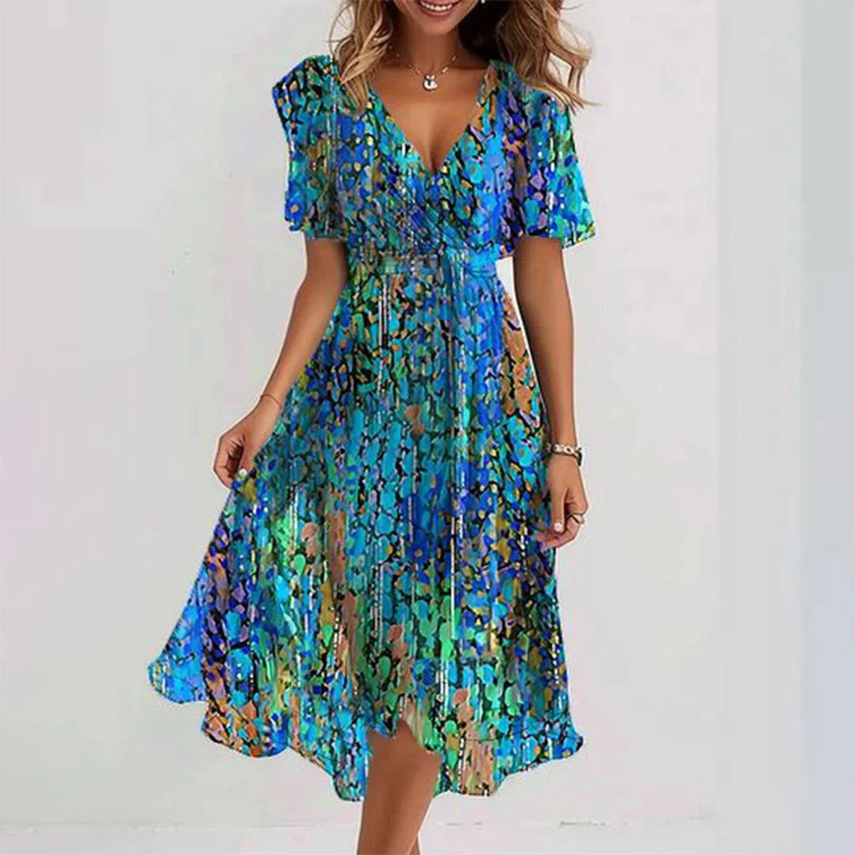 Women's V-Neck Wrap Front Short Sleeve Midi Dress