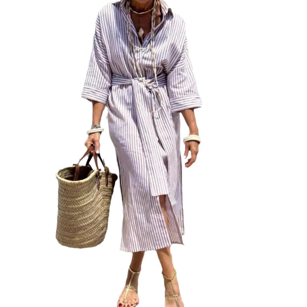 Women's Patterned Shirt Dress with Belt and Button Front