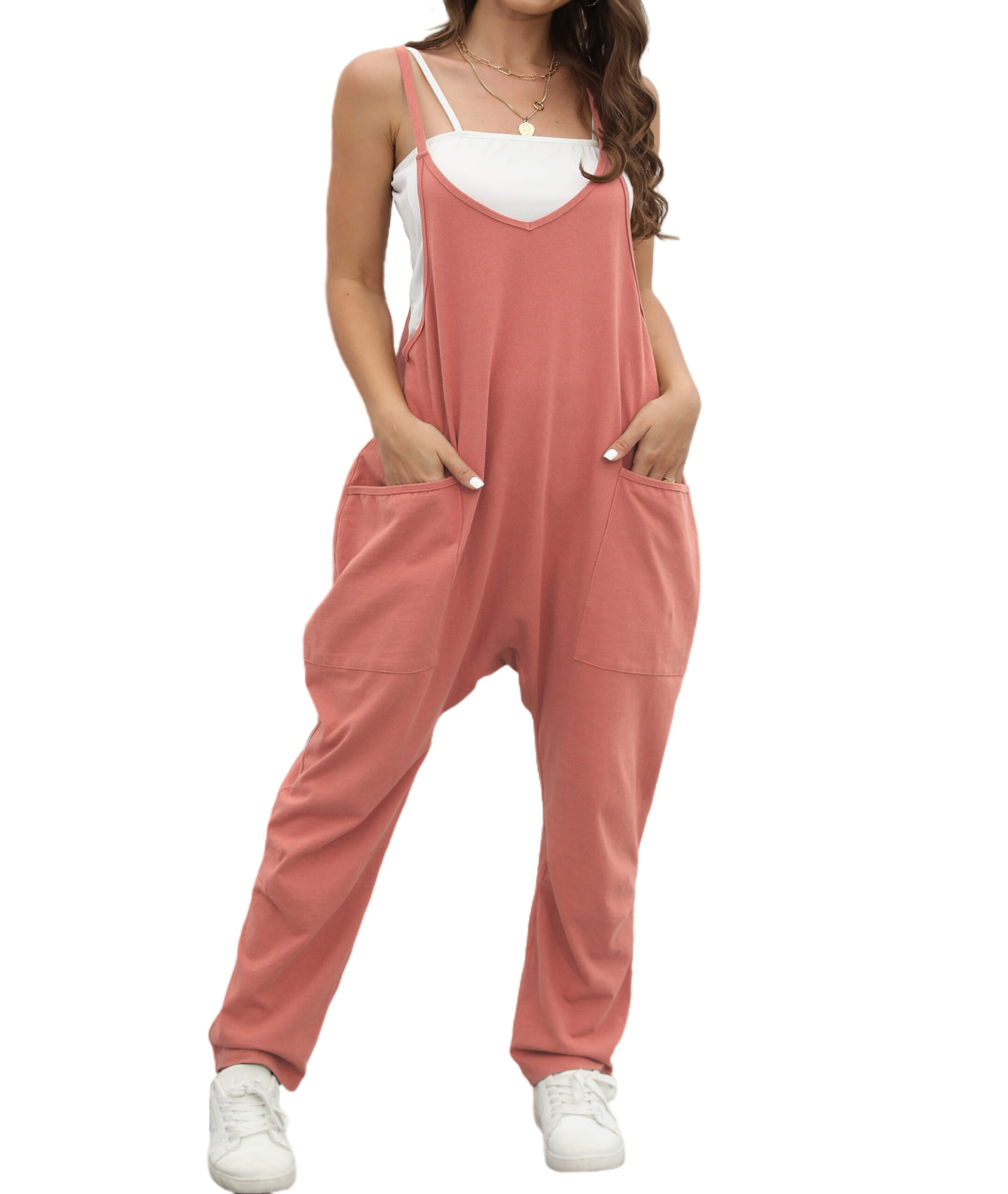 Women’s Sleeveless V-Neck Loose Jumpsuit With Patch Pockets