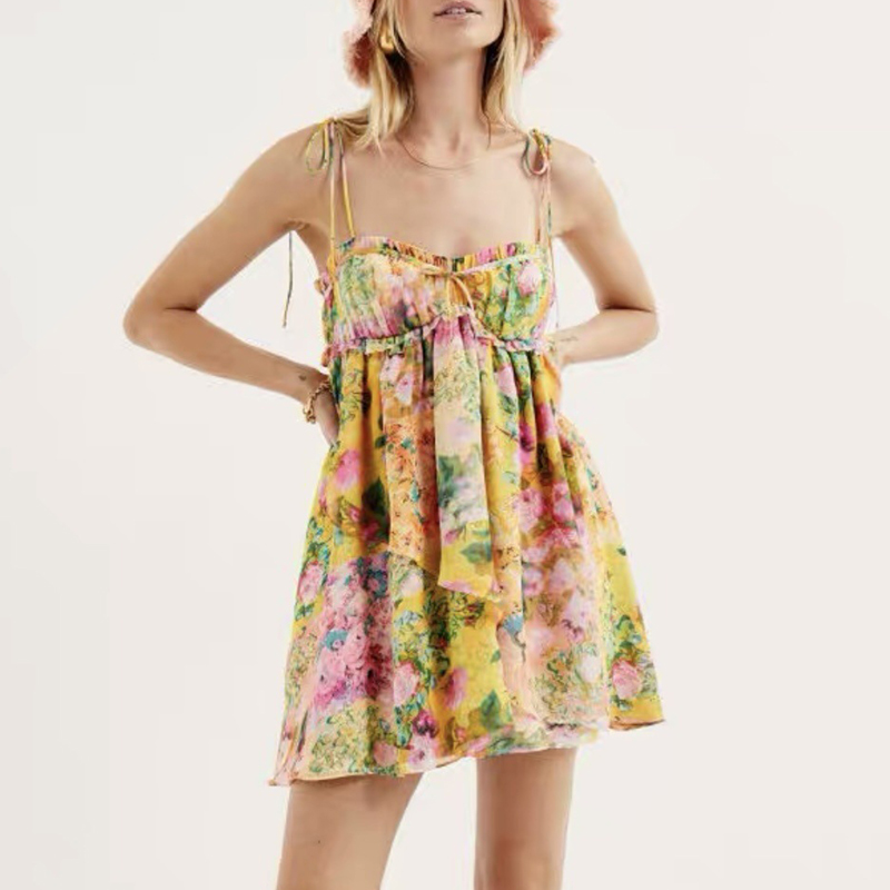 Women's Yellow Floral Print Tie-Shoulder Mini Dress