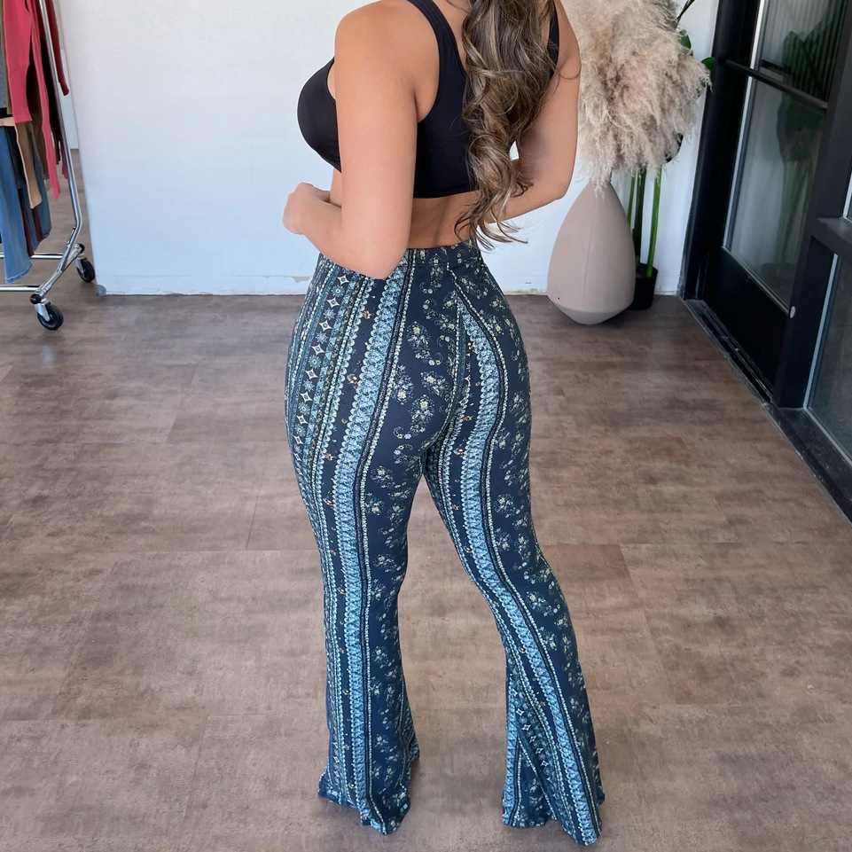 Women’s Printed Low-Rise Flared Trousers with Vertical Pattern