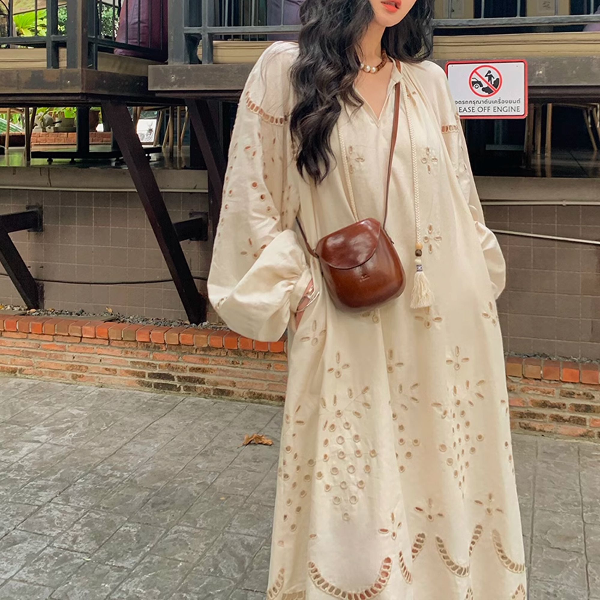 Women’s White Eyelet Embroidered V-Neck Maxi Dress