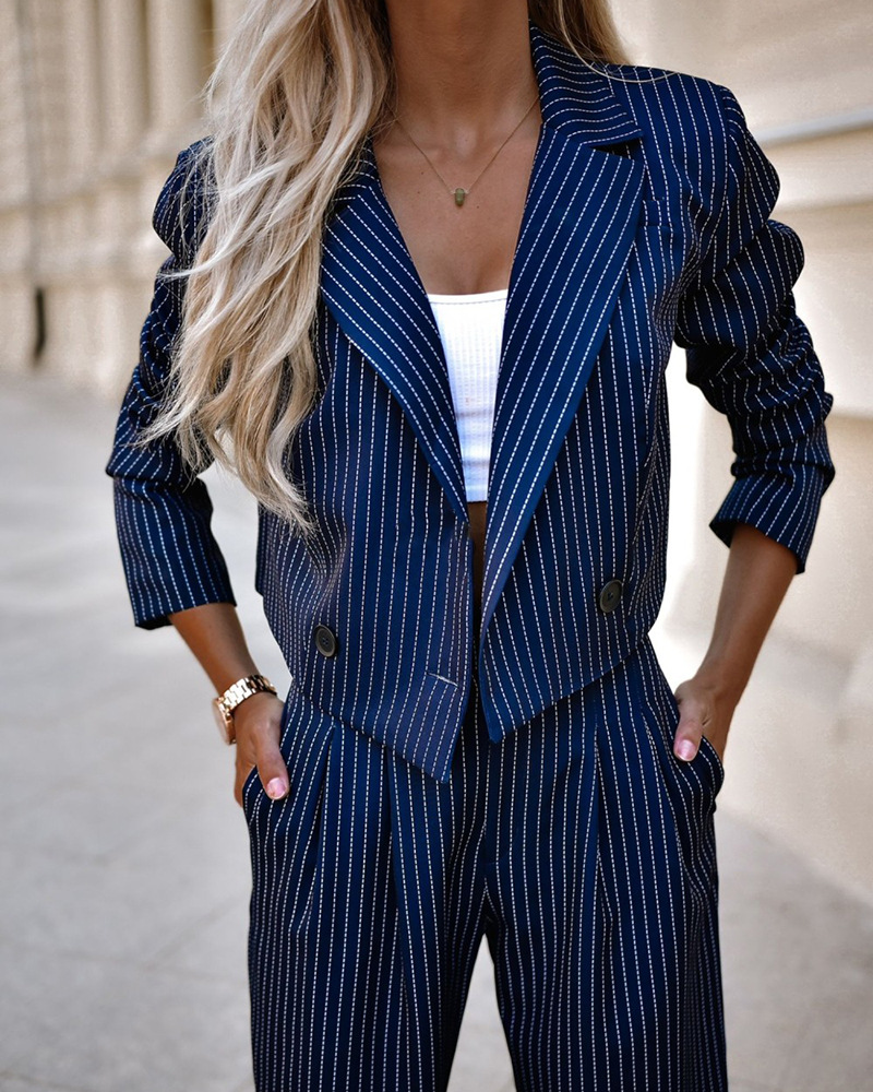 Women's Striped Cropped Blazer and Straight-Leg Trousers Set