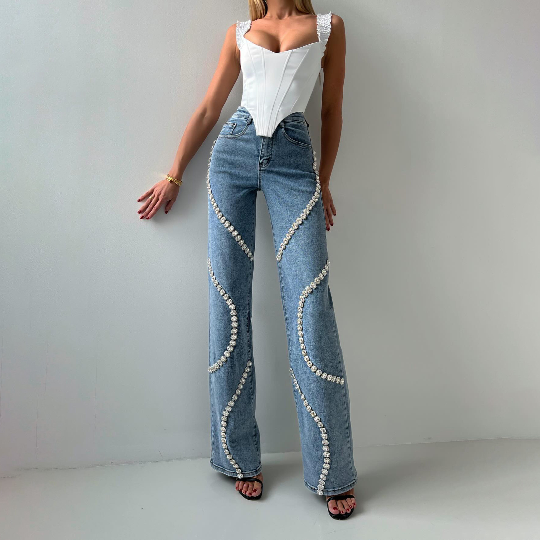 Women’s Blue Straight-Leg Jeans with Rhinestone Trim