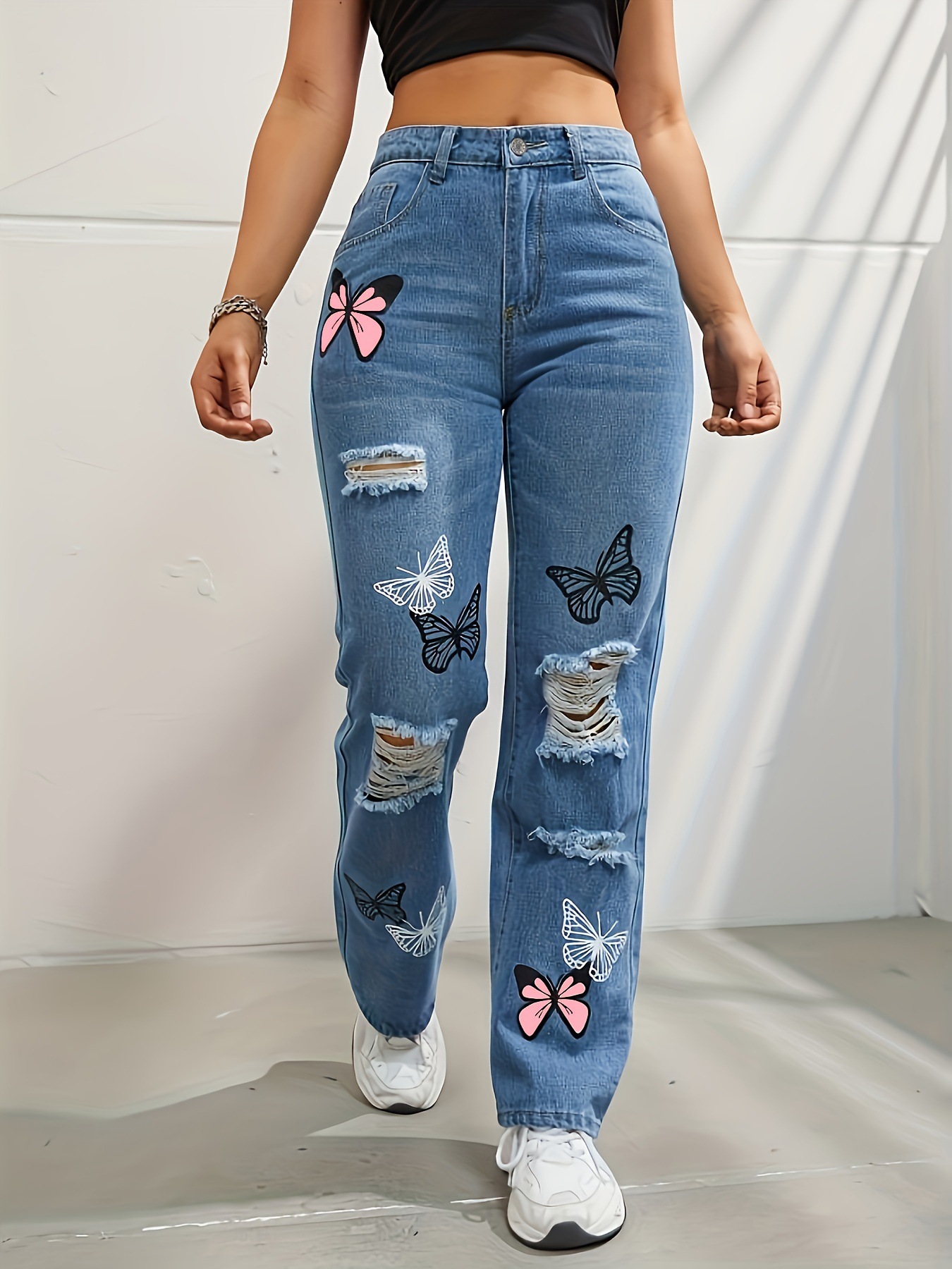 Women's High-Waisted Straight-Leg Butterfly Print Ripped Jeans