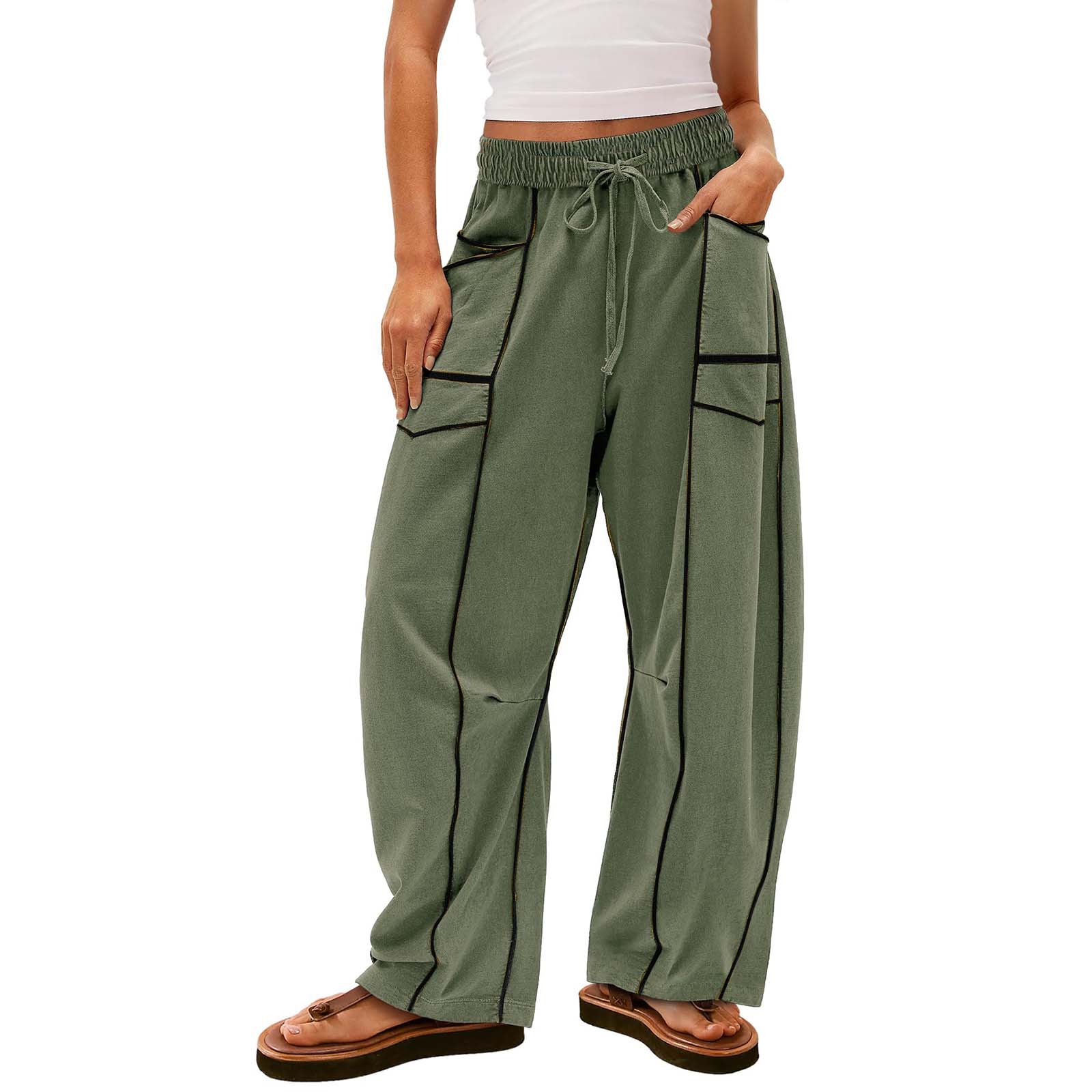 Women's Wide-Leg Cargo Trousers with Contrast Piping and Drawstring Waist