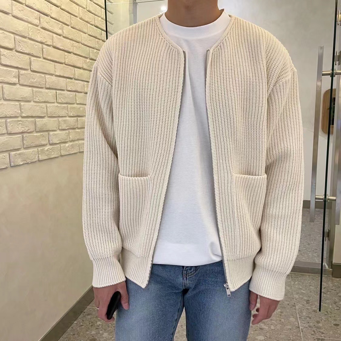 Men Zip Up Knitted Cardigan Lined Funnel Neck Jumper Sweater Pockets Coat All Seasons Comf