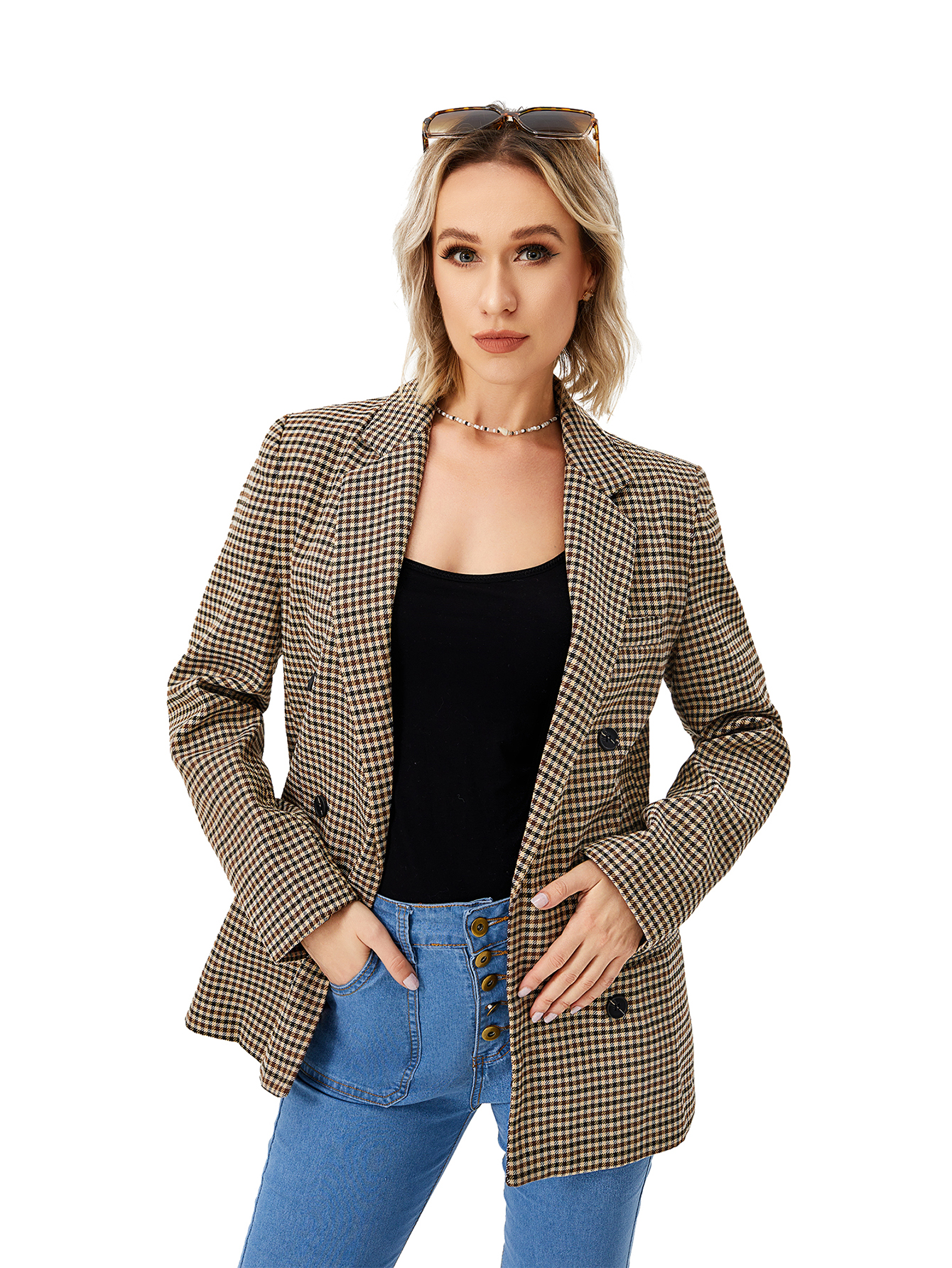 Women's Houndstooth Double-Breasted Lapel Blazer