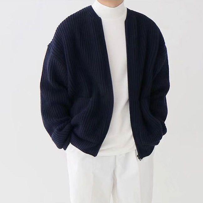Men Zip Up Knitted Cardigan Lined Funnel Neck Jumper Sweater Pockets Coat All Seasons Comf