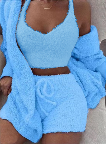 Women’s Three-Piece Textured Crop Vest, Shorts and Cardigan Set