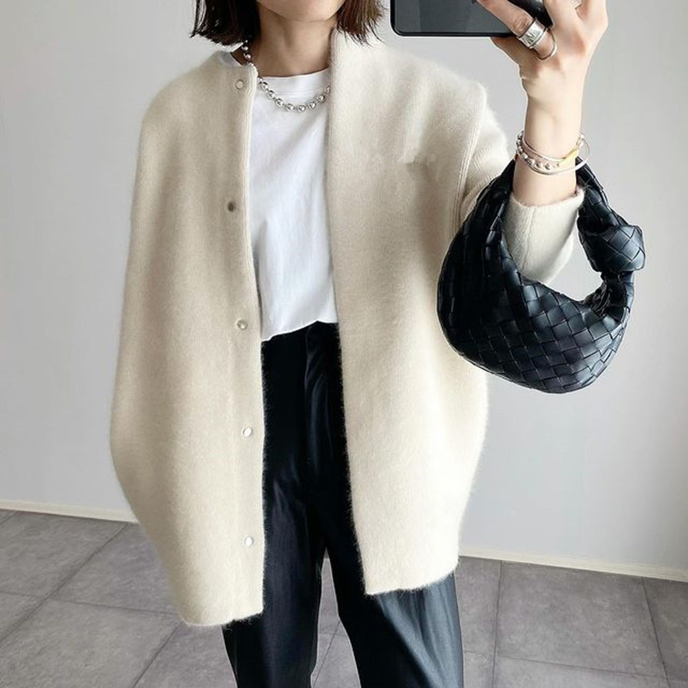 Women's Textured Knit Round Neck Button Front Cardigan