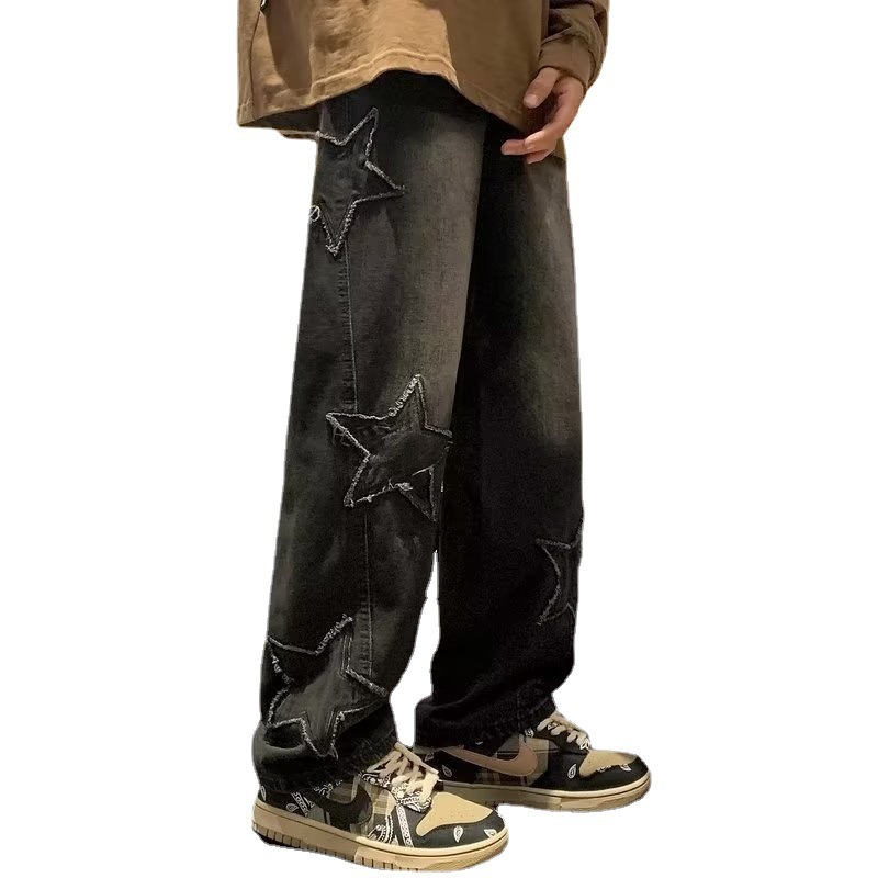 Star Embroidery Straight Casual Men Jeans Gothic Neutral New Wide Leg Loose Hip-hop Fashio