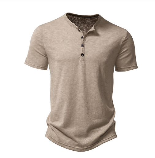 Men's Cotton Notched Collar Short-Sleeved Curved Hem T-Shirt