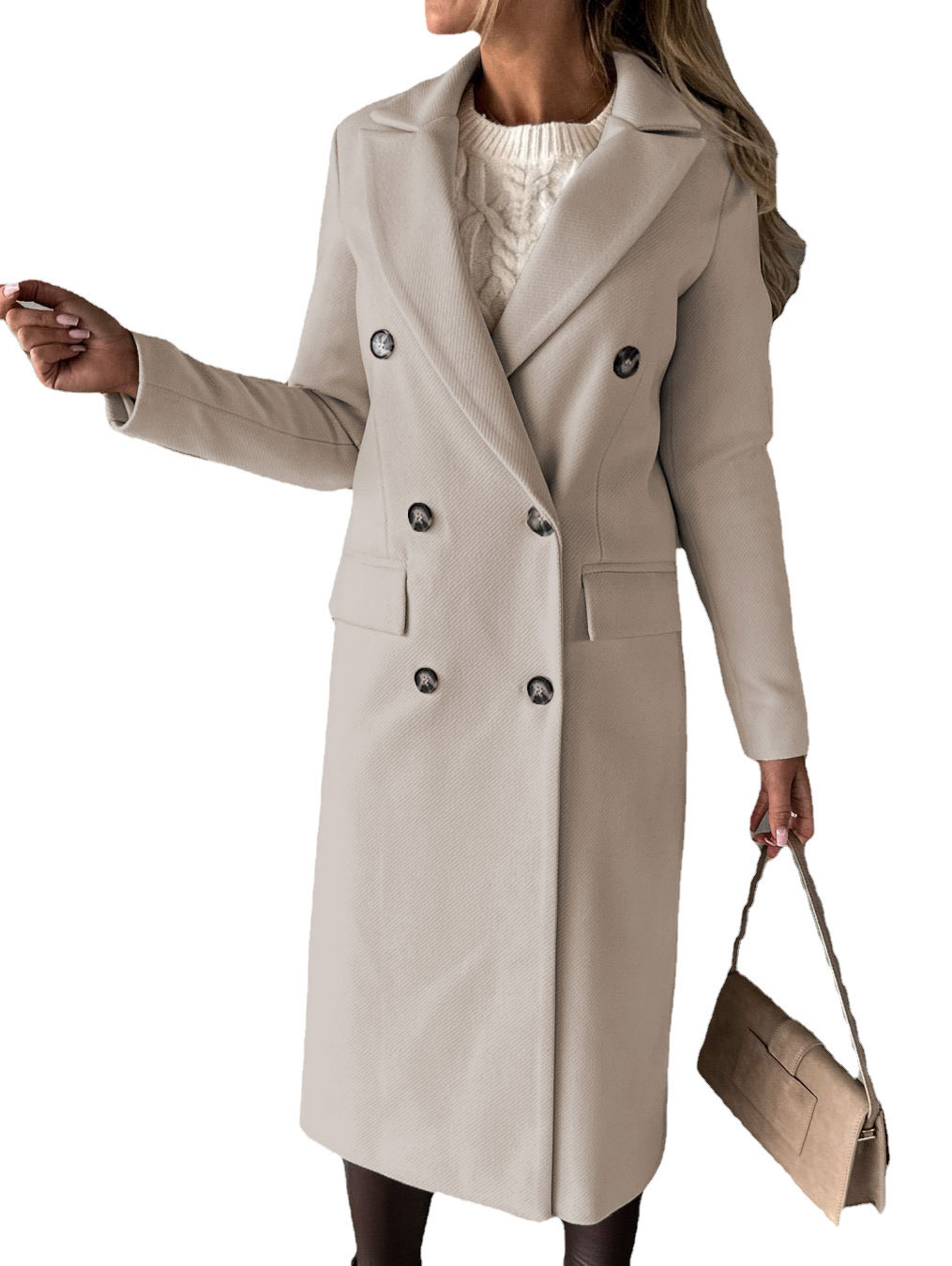 Women's Long Double-Breasted Lapel Coat with Flap Pockets