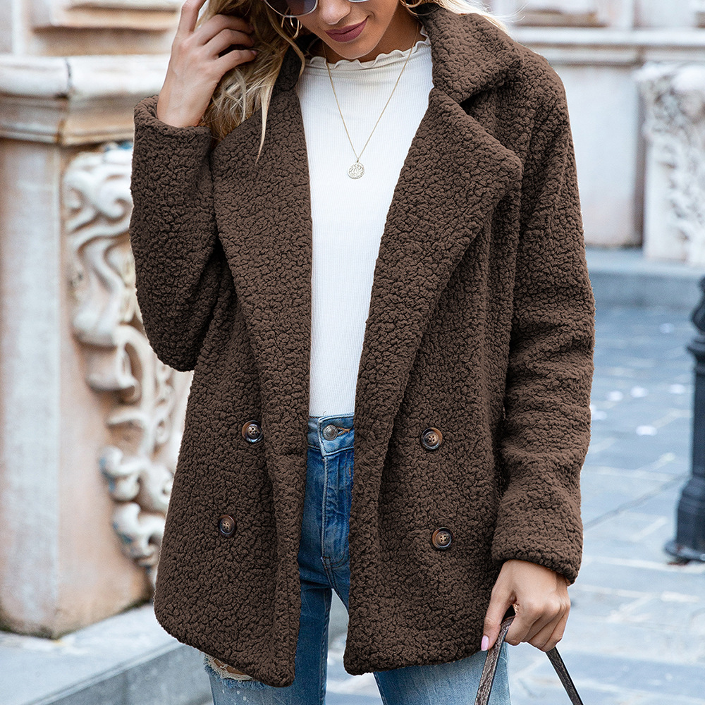 Women's Textured Teddy Fleece Lapel Button Coat