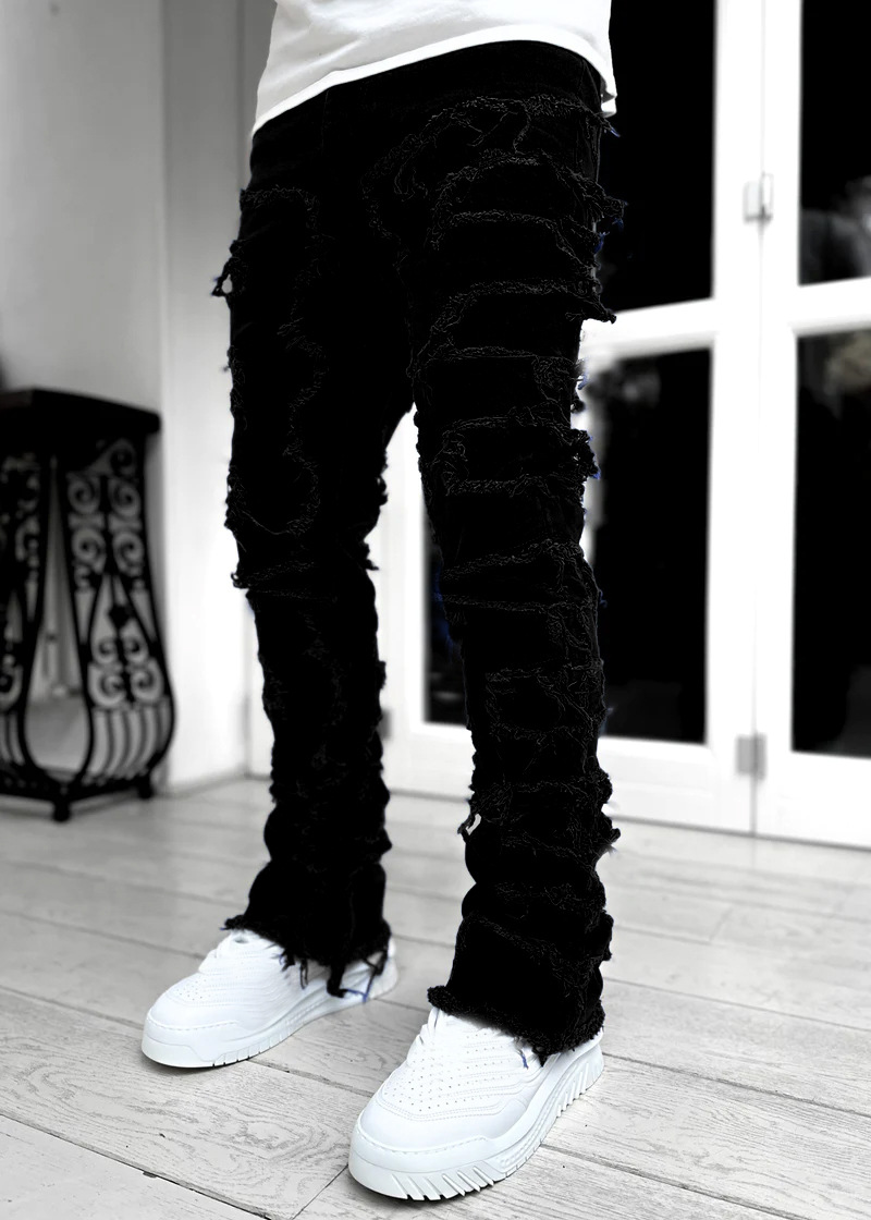 Men’s Slim Fit Stacked Ripped Patchwork Jeans
