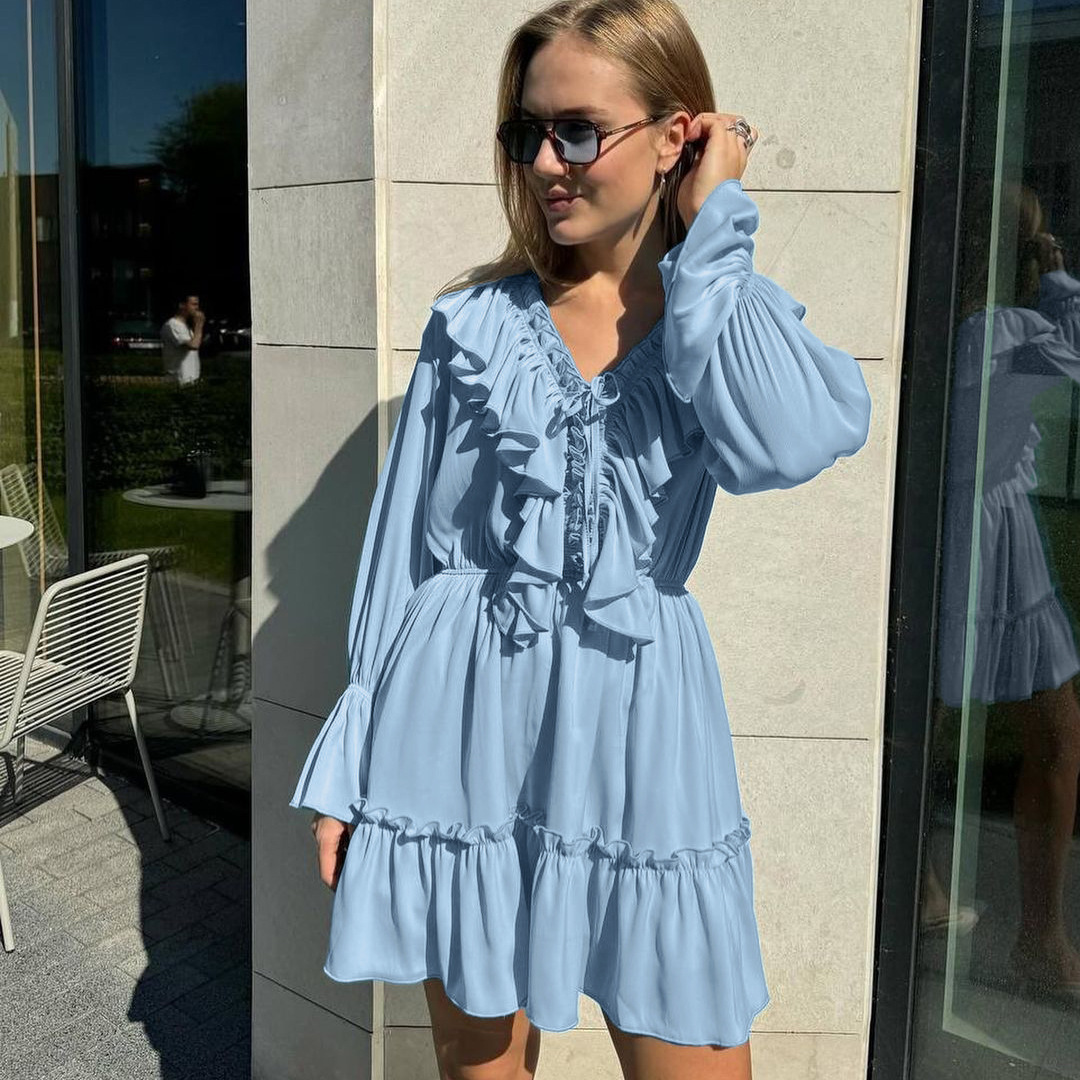 Women's V-Neck Ruffle Tiered Mini Dress with Flared Sleeves