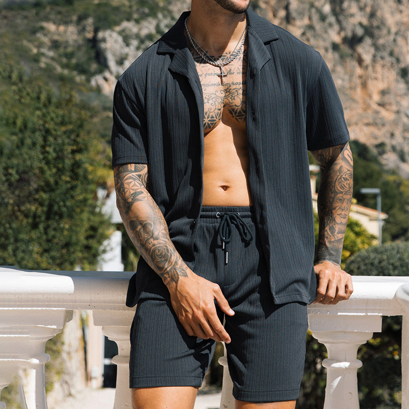 Men's Textured Ribbed Short Sleeve Shirt and Shorts Set
