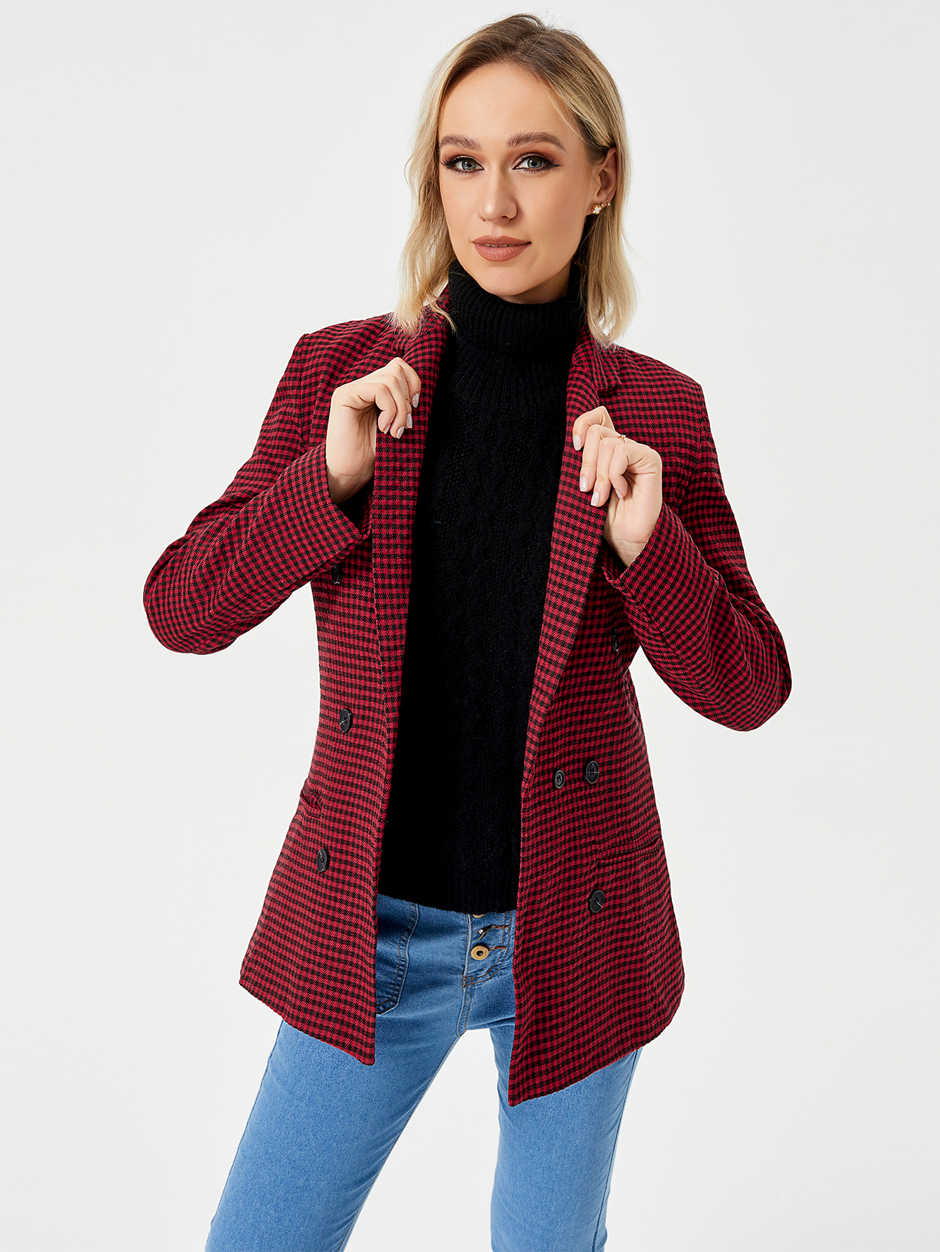 Women's Houndstooth Double-Breasted Lapel Blazer
