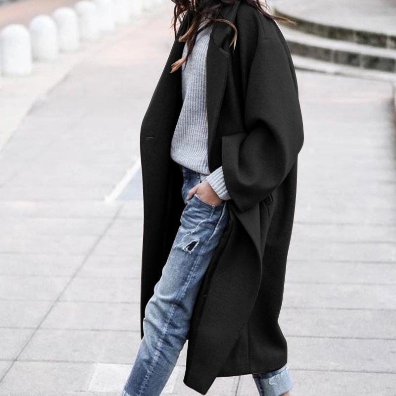 Women’s Long Lapel Coat with Pockets and Single-Breasted Front
