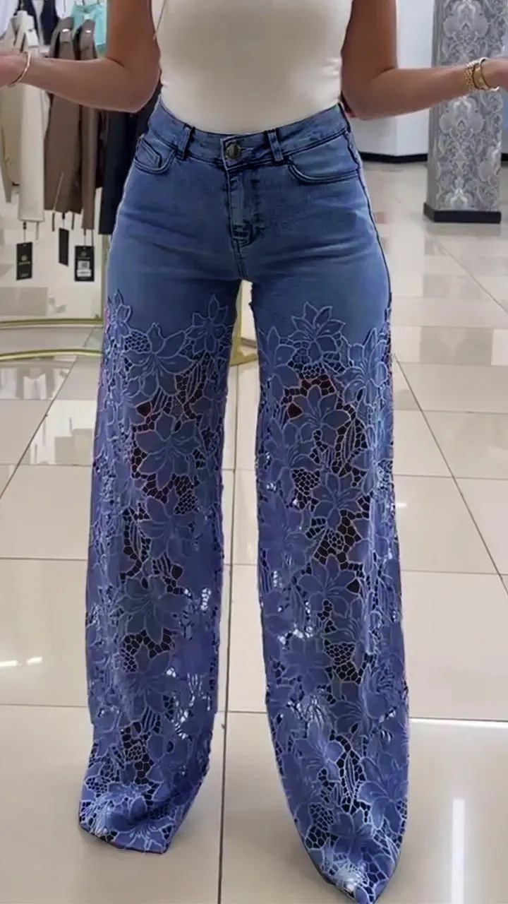Women’s High-Waisted Wide-Leg Floral Lace Panel Jeans