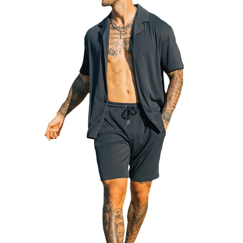 Men's Textured Ribbed Short Sleeve Shirt and Shorts Set