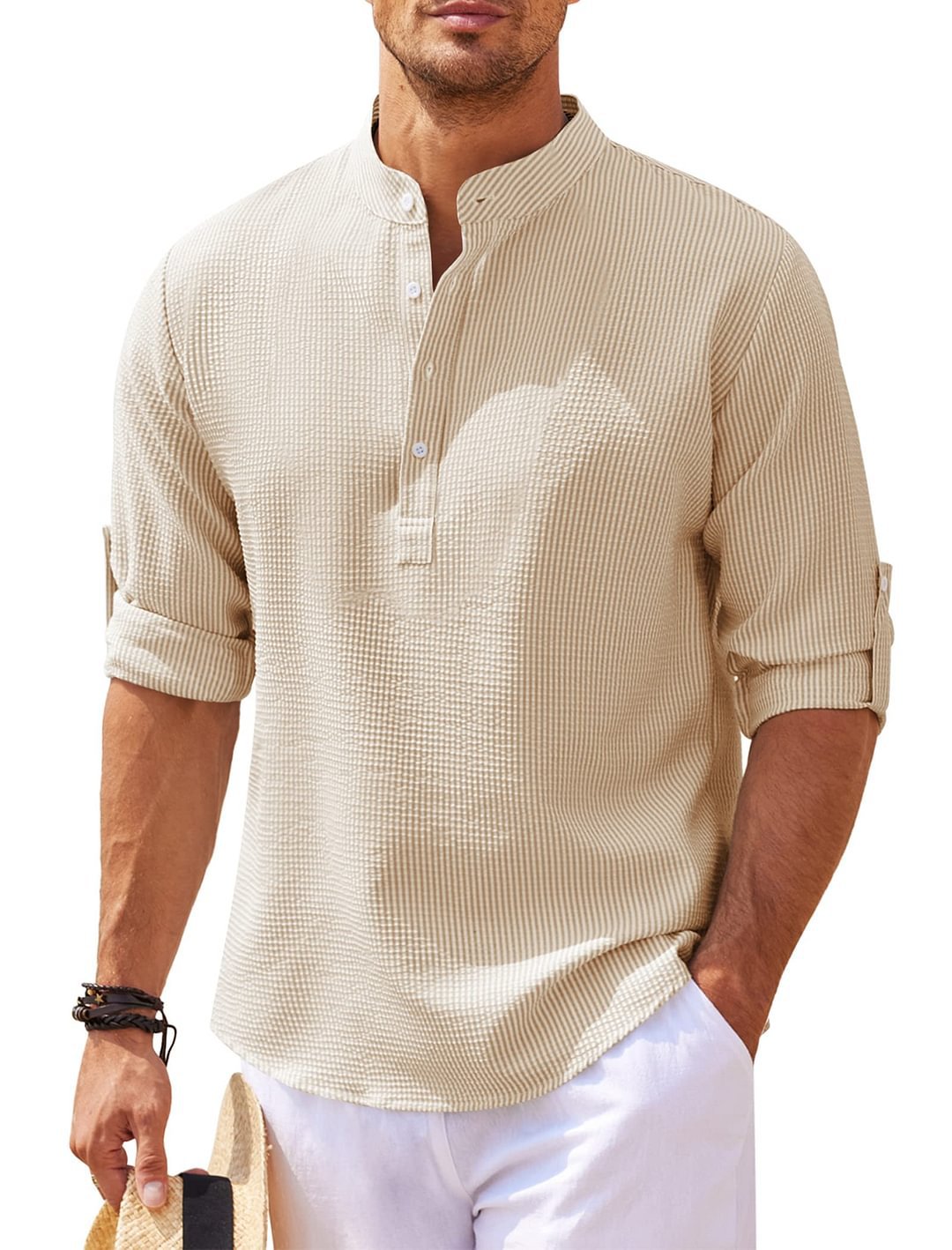 Men's Textured Stand Collar Long Sleeve Shirt