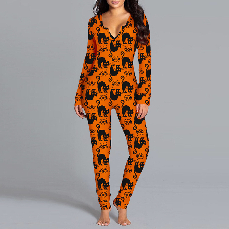 Women's Halloween Long Sleeve V-Neck Jumpsuit Pyjamas