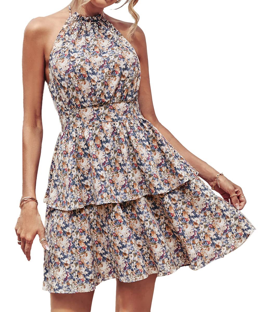 Women's Floral Halter Tiered Mini Dress