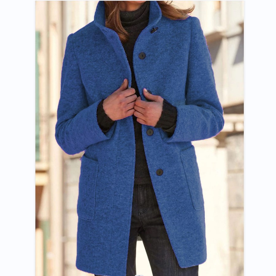 Women's Textured Stand Collar Button Front Coat With Pockets
